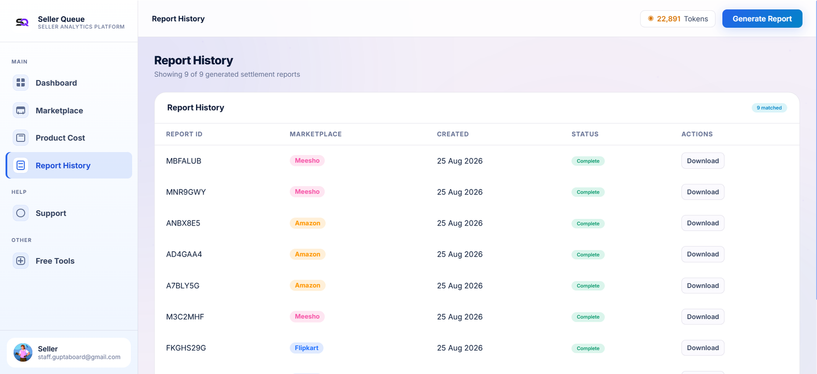 Seller Queue report history showing generated settlement reports and download actions
